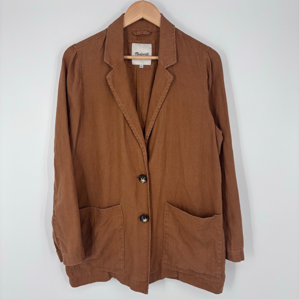 Madewell 100% Linen Dorset Blazer Jacket Women M Brown Lightweight Patch Pockets